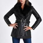 River Island Womens Faux Fur Trim Leather Belted Coat