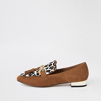 River Island Womens Leather Leopard Print Loafers