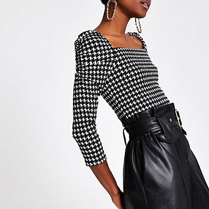 River Island Womens Dogtooth Check Puff Sleeve Top