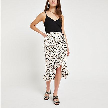 River Island Womens Petite White Spot Ruffle Midi Skirt
