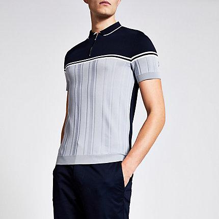 River Island Mens Blocked Muscle Fit Knitted Polo Shirt