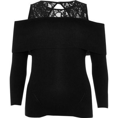 River Island Womens Lace Panel Bardot Knit Top