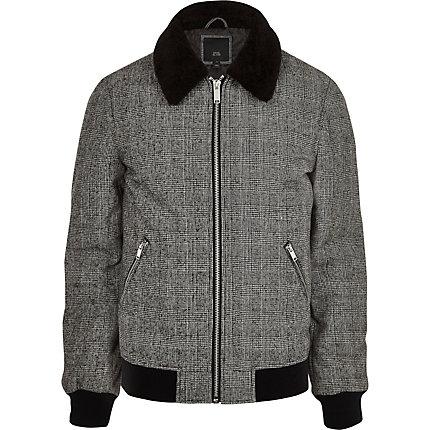 River Island Mens Check Faux Fur Collar Bomber Jacket