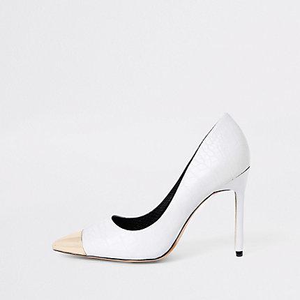 River Island Womens White Croc Pointed Metal Toe Pumps