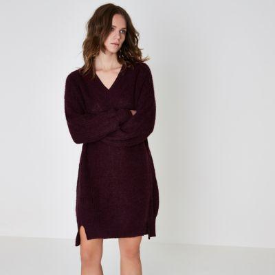 River Island Womens V Neck Knit Sweater Dress
