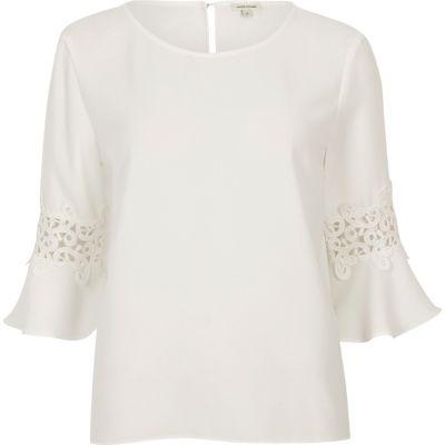 River Island Womens White Satin Crochet Flute Sleeve Top