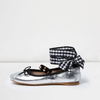 River Island Womens Silver Ankle Ribbon Ballet Flats