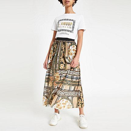 River Island Womens Scarf Print Pleated Midi Skirt