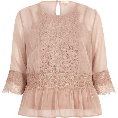 River Island Womens Dark Nude Chiffon Lace Detail Blouse
