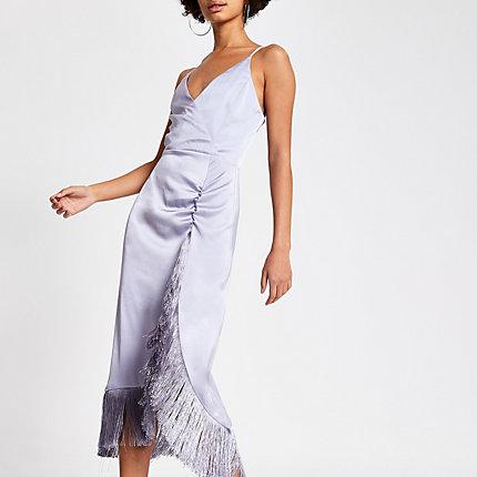 River Island Womens Fringe Wrap Satin Slip Dress
