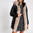 River Island Womens Hooded Padded Fur Trim Coat With Belt