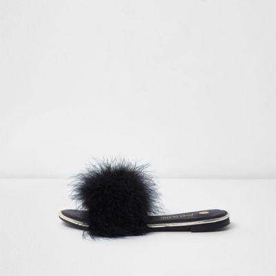 River Island Womens Feather Gold Tone Trim Sliders