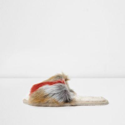 River Island Womens Multi Coloured Faux Fur Slider Slippers