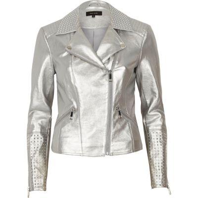 River Island Womens Silver Faux Leather Studded Biker Jacket