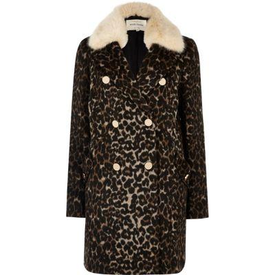 River Island Womens Leopard Print Faux Fur Trim Overcoat