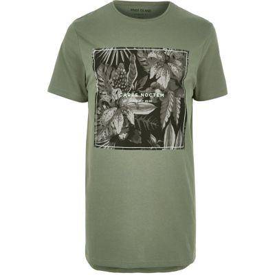 River Island Mens Leaf Print Longline T-shirt
