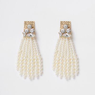 River Island Womens Gold Tone Faux Pearl Tassel Stud Earrings