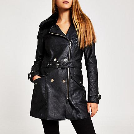 River Island Womens Faux Leather Longline Belted Jacket