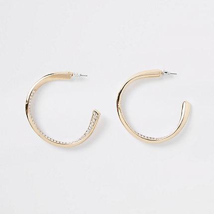 River Island Womens Gold Tone Diamante Pave Chunky Hoop Earrings