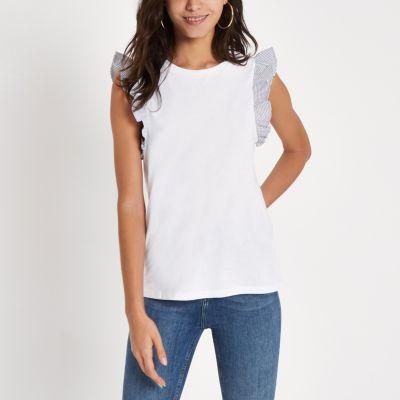 River Island Womens White Stripe Broderie Frill Sleevek Top