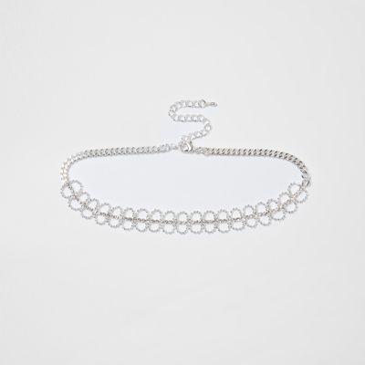 River Island Womens Silver Tone Ball Chain Pave Choker
