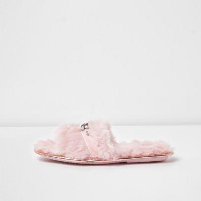 River Island Womens Fluffy Rhinestone Trim Slippers