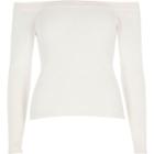 River Island Womens White Rib Knit Lace-up Back Bardot Top