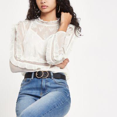 River Island Womens Frill Sleeve Embroidered Top