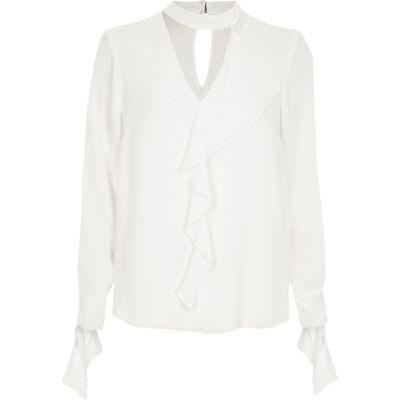 River Island Womens White Frill Choker Long Sleeve Blouse