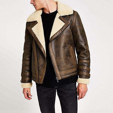 River Island Mens Textured Borg Biker Jacket