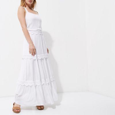 River Island Womens Petite White Embroidered Tiered Maxi Dress
