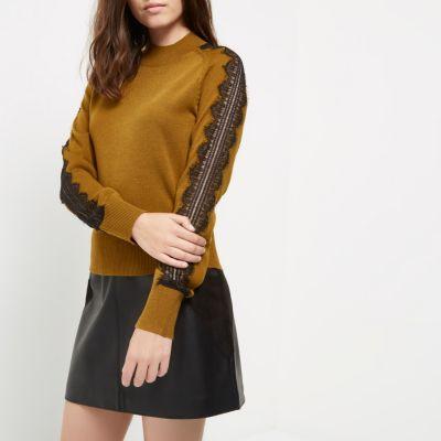 River Island Womens Petite Knit Lace Sleeve Grazer Top