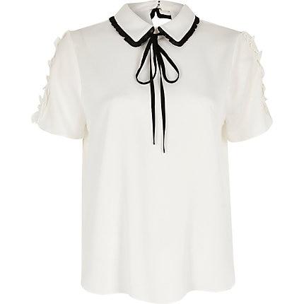 River Island Womens Petite White Contrast Bow Collar Top