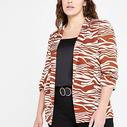 River Island Womens Plus Zebra Print Ruched Sleeve Blazer