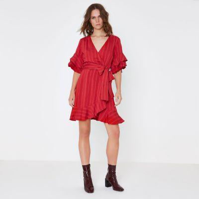 River Island Womens Stripe Wrap Frill Tea Dress