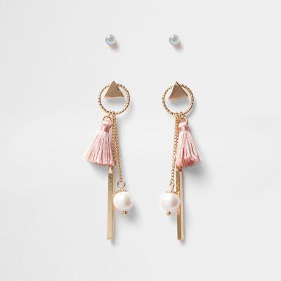 River Island Womens Gold Tone Mini Hoop Tassel Stud Earrings Pack