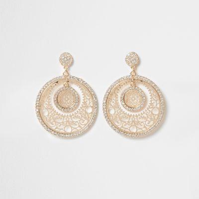 River Island Womens Gold Tone Filigree Diamante Disk Earrings