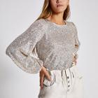 River Island Womens Silver Sequin Long Sheer Balloon Sleeve Top