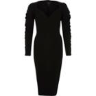 River Island Womens Ruched Sleeve Plunge Midi Bodycon Dress