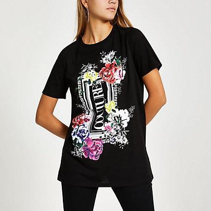 River Island Womens Floral Print Sequin Boyfriend T-shirt