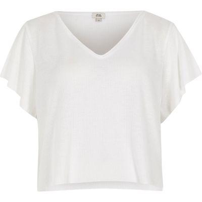 River Island Womens White Waffle Cropped V Neck T-shirt