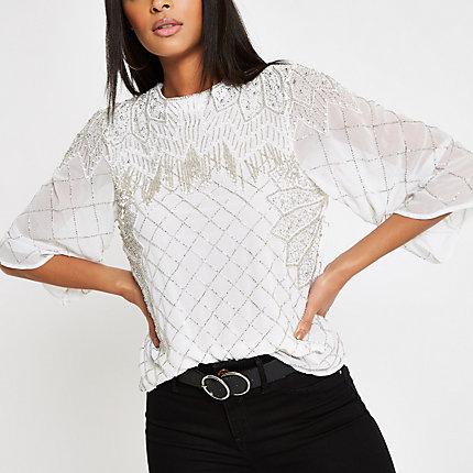 River Island Womens White Bead Embellished Top