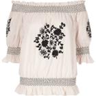 River Island Womens Floral Embroidered Shirred Bardot Top