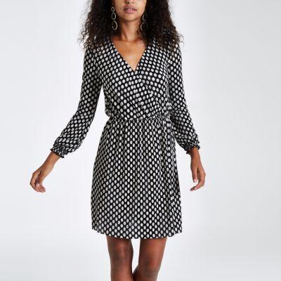River Island Womens Spot Print Plisse Wrap Front Mini Dress