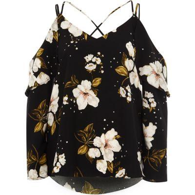 River Island Womens Floral Frill Cross Back Bardot Top