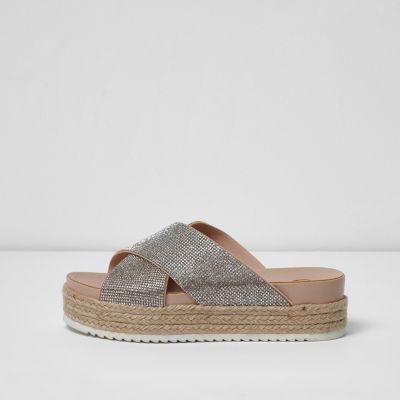 River Island Womens Rhinestone Crossover Espadrille Flatforms