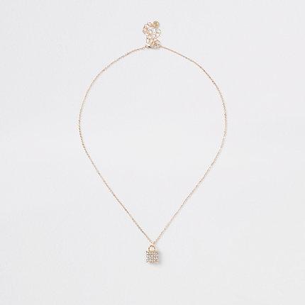 River Island Womens Gold Color Rhinestone Paved Padlock Necklace