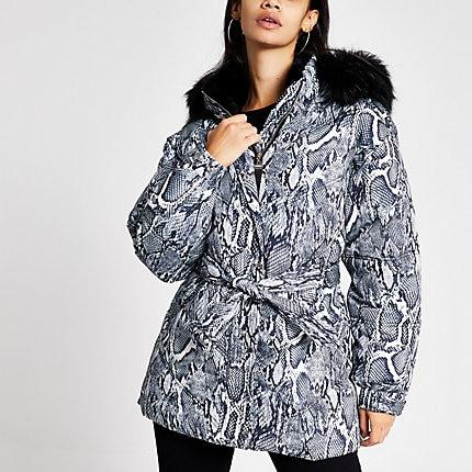 River Island Womens Snake Print Belted Puffer Jacket