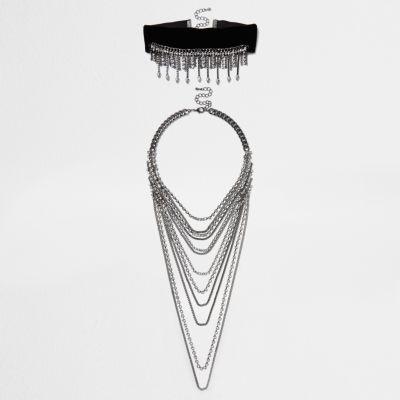 River Island Womens Silver Tone Draped Crystal Harness Necklace