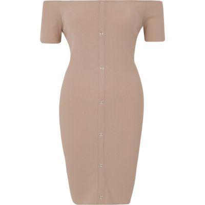River Island Womens Rib Popper Front Bardot Mini Dress